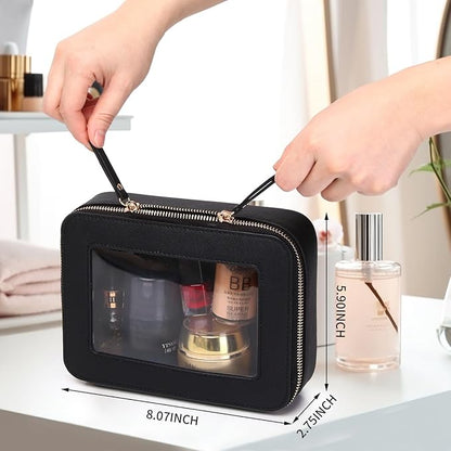 Clear Makeup Bag Transparent Travel Case for Cosmetics and Toiletries Women's Brush Bag and Clear Car Bag with Zipper (Black, M+)