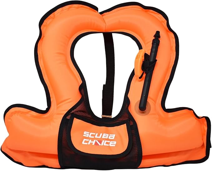 Scuba Choice Kids Snorkel Vest with Front Pocket & Whistle, Orange – Adjustable, Lightweight, Inflatable Vests for Kids Up to 100lbs, Easy Oral Inflator, Removable Strap, Portable Water Safety Gear
