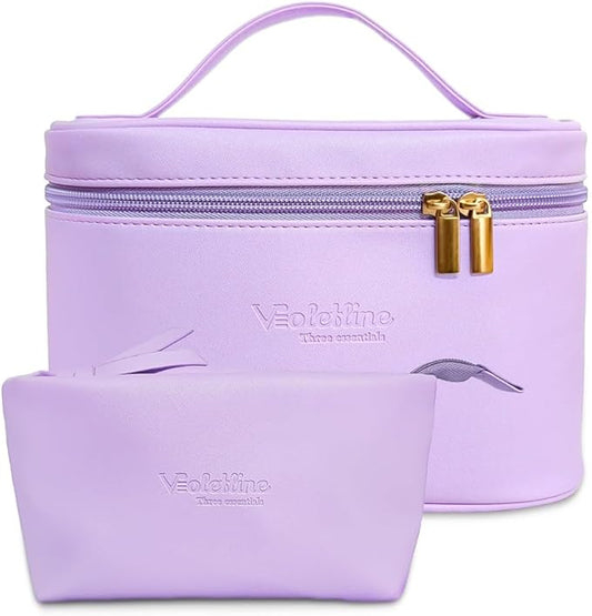 Travel Cosmetic Bag for Women, PU Leather Cosmetic Bag Set of 2, Waterproof, Large Makeup Bag with Handle (Light purple makeup bag)