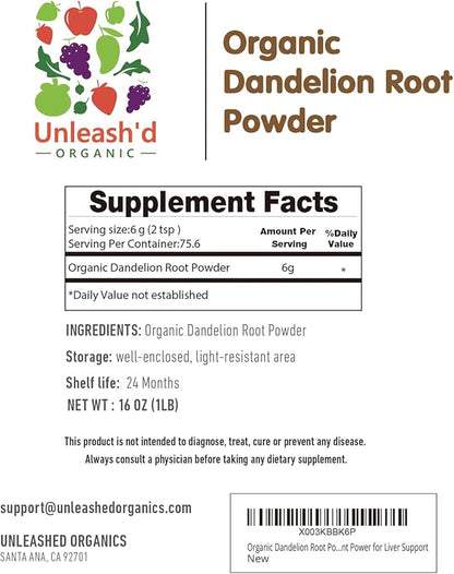 UNLEASH'D ORGANIC Organic Dandelion Root Powder 16 oz for Tea and Beverages Vegan Friendly Detoxifies and Supports Digestive Health