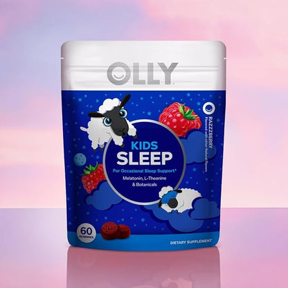 OLLY Kids Sleep Gummy, 0.5mg Melatonin, L Theanine, Chamomile, and Lemon Balm, Childrens Chewable Supplement, Occasional Sleep Support, Raspberry - 60 Count (Packaging may vary)