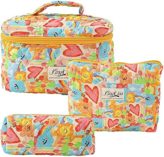 kingkiss Makeup Bag, Quilted Cosmetic Bag, Large Capacity Make Up Bag for Women, Cute Floral Storage Toiletry Bag Travel Storage Makeup Bag(Love Doodle)