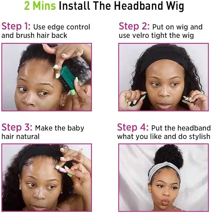 Kinky Straight Headband Wig Human Hair 180% Density 12A Headband Wigs for Black Women Glueless Yaki Headband Half Wig Human Hair Machine Made No Lace Front Headband Wig Natural Black Color 14 Inch