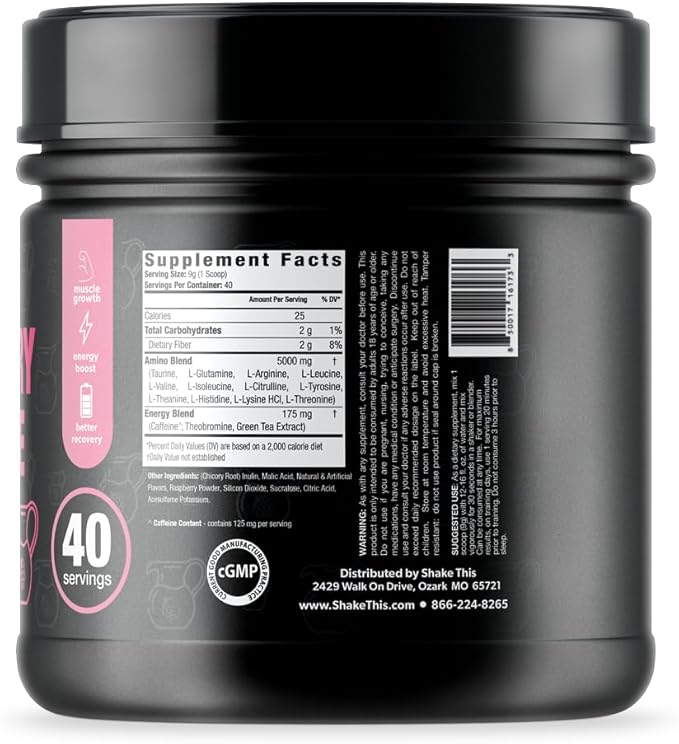 Amino+ Powder - Pre and Post Workout with Caffeine + Green Tea Extract - BCAA, Amino Acids, Zero Sugar, Low Calorie, Superior Taste, 40 Servings (Raspberry Lemonade)