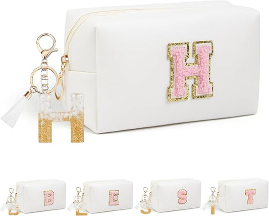 Birthday Gifts for Women Her,Travel Cute Makeup Bag,Large Capacity Cosmetic Bags for Women Makeup Pouch PU Leather Waterproof Cosmetic Bag (H, White)