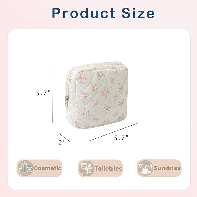 Small Quilted Cotton Makeup Bag for Purse, Cosmetic Bag with Compartments, Cotton Aesthetic Makeup Bag, Travel Toiletry Pouch, Lipstick Bag Card Holder Data Cable Organizer (09White Small bow)