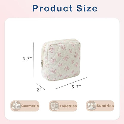 Small Quilted Cotton Makeup Bag for Purse, Cosmetic Bag with Compartments, Cotton Aesthetic Makeup Bag, Travel Toiletry Pouch, Lipstick Bag Card Holder Data Cable Organizer (09White Small bow)