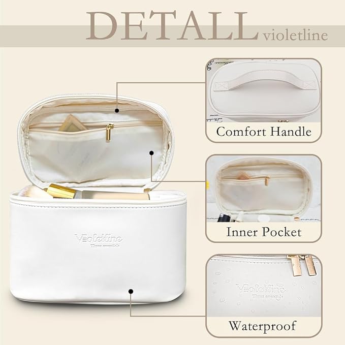 Travel Cosmetic Bag for Women, PU Leather Cosmetic Bag Set of 2, Waterproof, Large Makeup Bag with Handle (White makeup bag)