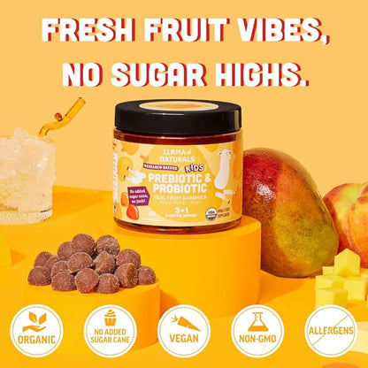 Llama Naturals Real Fruit Prebiotic & Probiotic Kids Gummies | No Added Sugar Cane | Vegan Organic Synbiotics | Children Digestion, Toddler Gut Health 2B CFU | 120 ct (2-4 Months) | Peach Mango