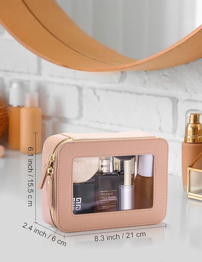 Keains Clear Makeup Bag for Women，Cosmetic Organizer Case Transparent Waterproof Travel Toiletry Bag with Zipper，Portable Make Up Organizer Traveling Compact Car Bag for Essentials（Off White）