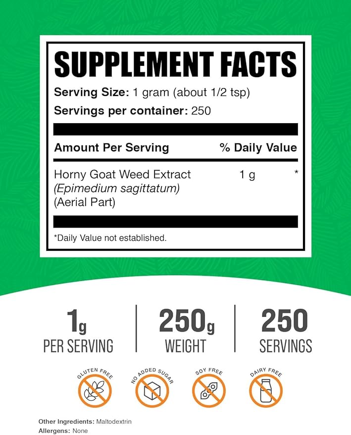 BulkSupplements.com Horny Goat Weed Extract - Epimedium Extract, Horny Goat Weed Herbal Supplements, Horny Goat Weed Powder- Gluten Free, 1000mg per Serving, 250g (8.8 oz) (Pack of 1)