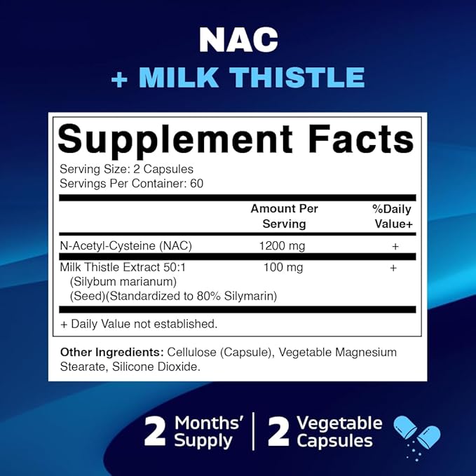 Vitamatic NAC Supplement N-Acetyl-L-Cysteine (NAC) with Milk Thistle 50:1 Extract - Supports Immune, Respiratory, Liver Health, 1200 mg per Serving, 120 Veg Capsules