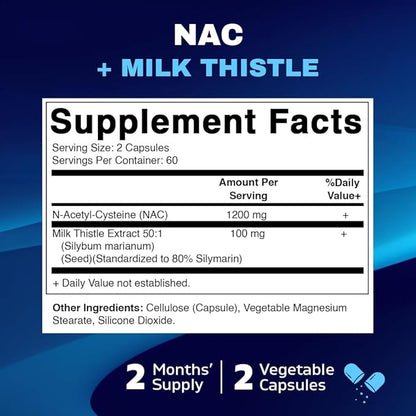 Vitamatic NAC Supplement N-Acetyl-L-Cysteine (NAC) with Milk Thistle 50:1 Extract - Supports Immune, Respiratory, Liver Health, 1200 mg per Serving, 120 Veg Capsules