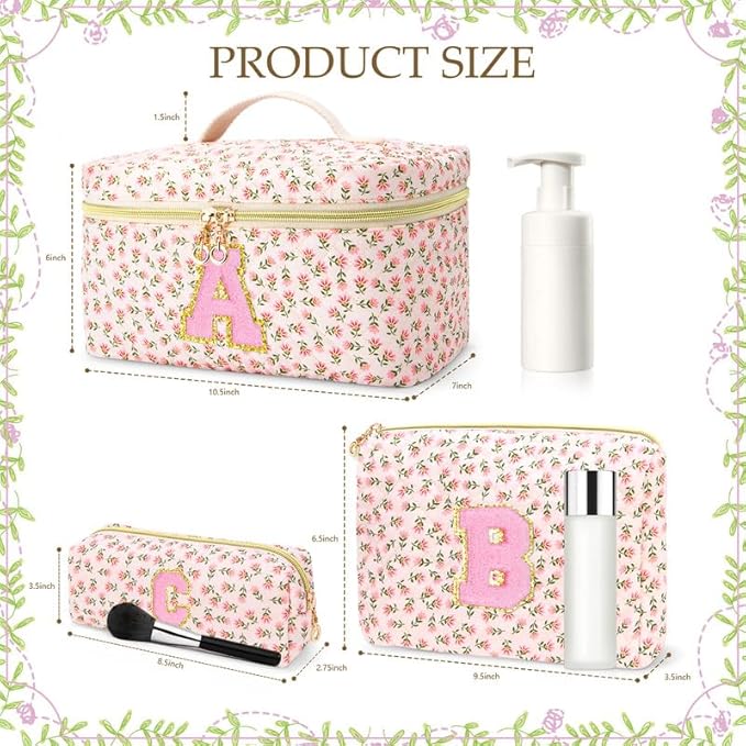 3 PCS Travel Makeup Bag Set, A-Z Initials Cotton Make up Bag Floral Quilted Cosmetic Bag for Girls and Women, Personalized Cute Toiletry Bag Travel Accessories Brushes Bag Yellow - U