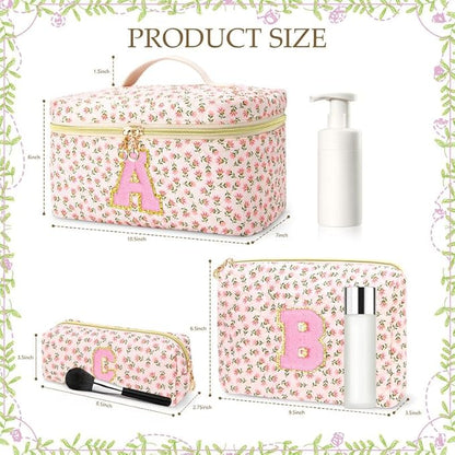 3 PCS Travel Makeup Bag Set, A-Z Initials Cotton Make up Bag Floral Quilted Cosmetic Bag for Girls and Women, Personalized Cute Toiletry Bag Travel Accessories Brushes Bag Yellow - U