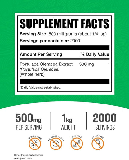 BulkSupplements.com Purslane Extract Powder - Portulaca Oleracea Extract, Purslane Supplements - from Purslane Herb, Gluten Free, 500mg per Serving, 1kg (2.2 lbs) (Pack of 1)