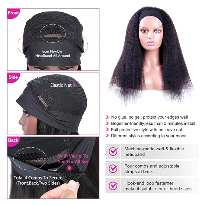 30 Inch Kinky Straight Wig Human Hair 180% Density 12A Kinky Straight Human Hair Headband Wigs for Black Women Yaki Straight Human Hair Wigs with Headband Attached Half Wig Natural Black Color