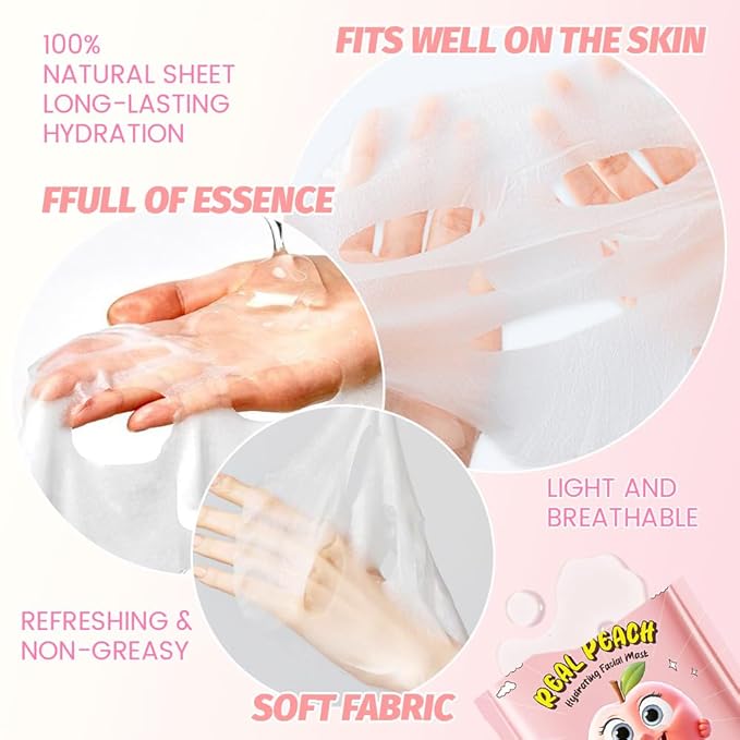 8 Pack Peach Fruit Face Mask,Pink Face Masks Spa Day kit Supplies for Teens Girls Women,Sheet Facial Mask Skincare for Kids Gifts Set,Hydrate Nourish Soothe for All Skin Types,Spa Party Favors
