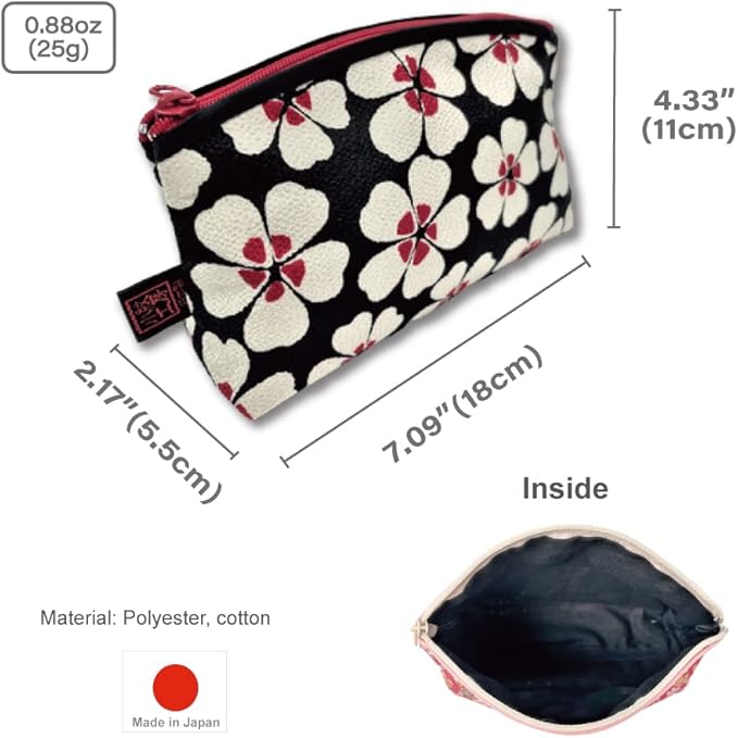 Terra Distribution Small Makeup Bag for Purse [ Made in Japan] Traditional Edo Komon Design Cute Cosmetic Pouch (Cherry Blossom (Black))