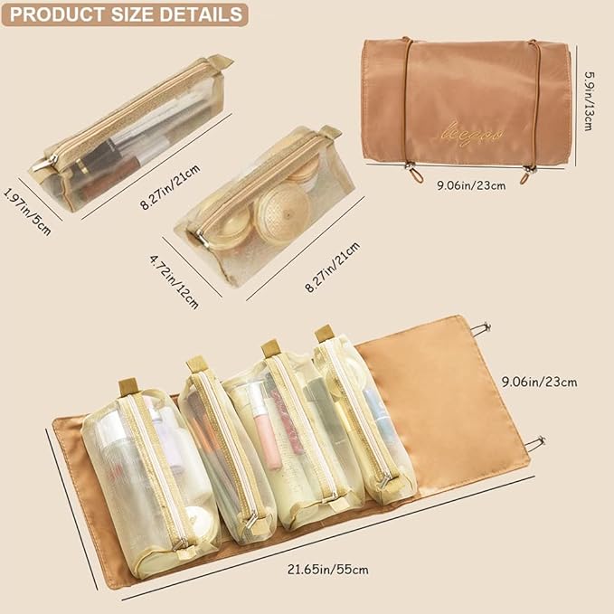 Roll Up Makeup Bag, Hanging Toiletry Bag, 4 in 1 Detachable Cosmetic Bag, 4 Removable Storage Bags, Travel Makeup Organizer Bags for Women Men(Khaki)