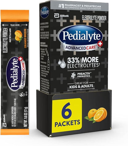 Pedialyte AdvancedCare Plus Electrolyte Powder, with 33% More Electrolytes and PreActiv Prebiotics, Orange Breeze, Electrolyte Drink Powder Packets, 0.6 oz, 6 Count