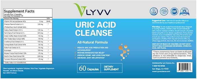 LYVV Uric Acid Cleanse with Chanca Piedra, Celery Seed Extract, Tart Cherry, and More for Uric Acid Regulating, Inflammation and Swelling Regulating.