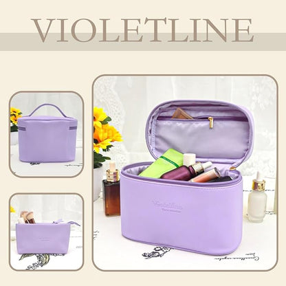 Travel Cosmetic Bag for Women, PU Leather Cosmetic Bag Set of 2, Waterproof, Large Makeup Bag with Handle (Light purple makeup bag)