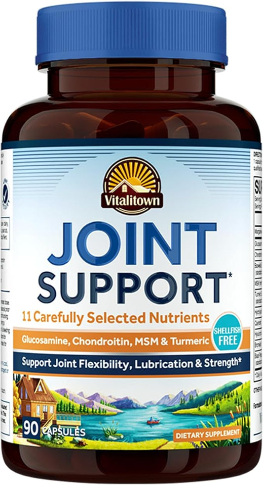 Vitalitown Glucosamine Chondroitin MSM & Turmeric, 11-in-1 Joint Support Supplement for Men & Women, Health Formula with Collagen, Boswellia, HA for Joint Flexibility & Comfort, No Shellfish, 90 Caps
