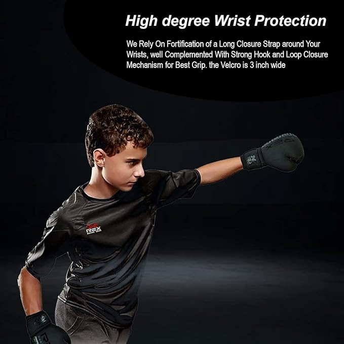 REX Boxing Gloves Training Boxing Punching Gloves for Kids & Adult PU Leather | Matte Black Glove for Sparring Kickboxing, Fighting