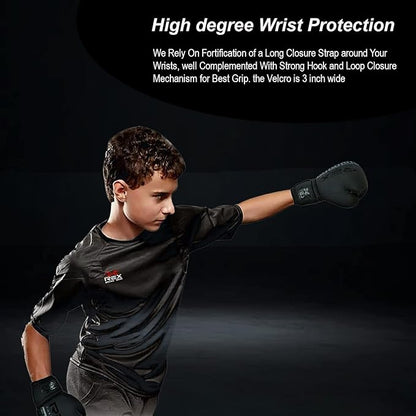 REX Boxing Gloves Training Boxing Punching Gloves for Kids & Adult PU Leather | Matte Black Glove for Sparring Kickboxing, Fighting