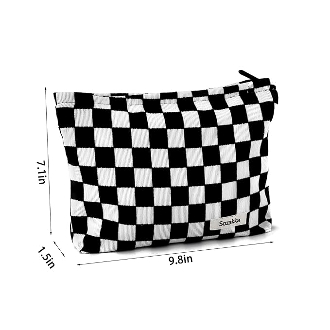 ZLFSRQ Checkered Makeup Bag for Women Large Capacity Black Travel Cosmetic Bag Set Makeup Pouch for Purse Zipper Toiletry Organizer Cute Y2K Aesthetic Trendy Adults Zipper Skincare Storage Organizer