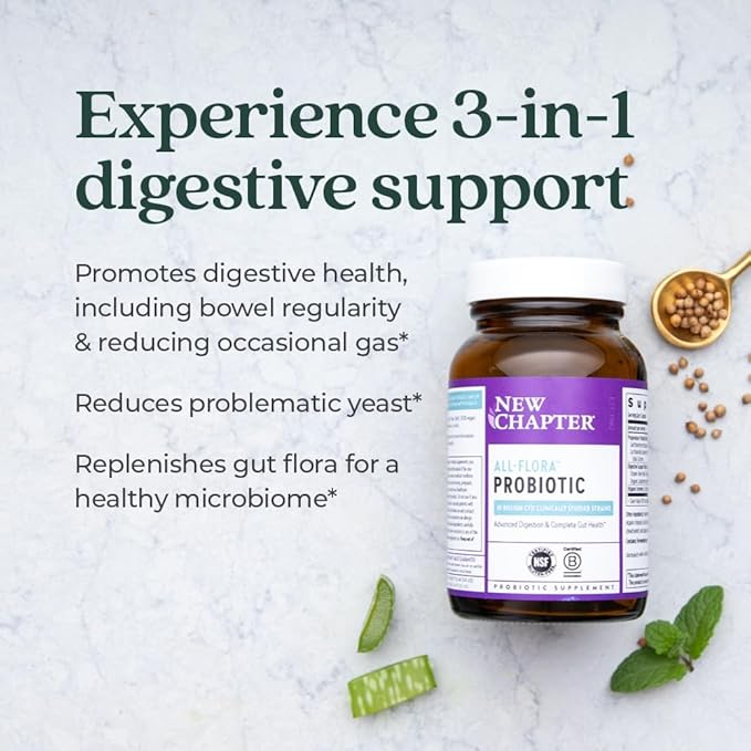 New Chapter Probiotic All-Flora - 30 ct (1 Month Supply) for Advanced Digestion & Complete Gut Health with Prebiotics + Postbiotics, Clinically Studied Strains, 100% Vegan, Non-GMO, Shelf Stable