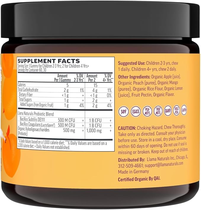 Llama Naturals Real Fruit Prebiotic & Probiotic Kids Gummies | No Added Sugar Cane | Vegan Organic Synbiotics | Children Digestion, Toddler Probiotic 2B CFU | 60 ct, 30-60 Days | Peach Mango