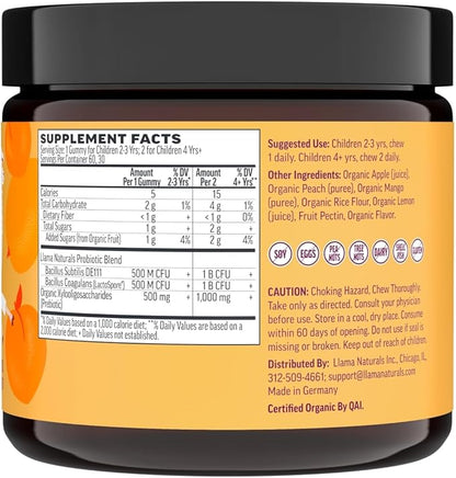 Llama Naturals Real Fruit Prebiotic & Probiotic Kids Gummies | No Added Sugar Cane | Vegan Organic Synbiotics | Children Digestion, Toddler Probiotic 2B CFU | 60 ct, 30-60 Days | Peach Mango