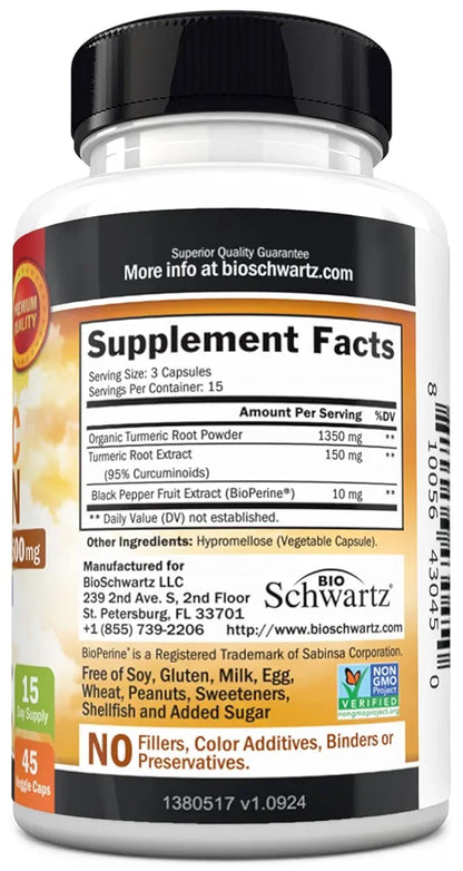 Turmeric Curcumin with Black Pepper Extract 1500mg - High Absorption Ultra Potent Turmeric Supplement with 95% Curcuminoids and BioPerine - Non GMO Tumeric Capsules for Joint Support - 45 Capsules