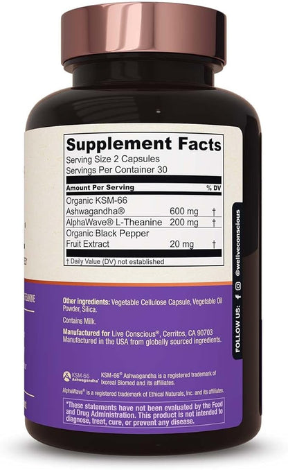 Live Conscious KSM-66 Ashwagandha Supplement w/L Theanine & AlphaWave - ZenWell Everyday Stress Relief, Mood Support, Cognitive, Brain Health - Ashwagandha for Men & Women - 60 Capsules (2-Pack)
