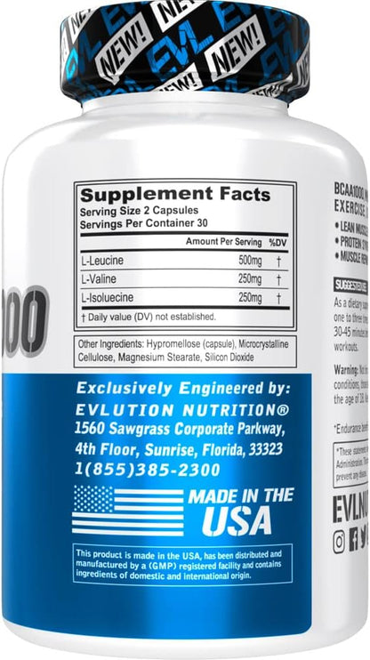 BCAAs Amino Acids Supplement for Men - EVL 2:1:1 5g BCAA Capsules for Post Workout Recovery and Lean Muscle Builder for Men - BCAA1000 Branched Chain Amino Acids Nutritional Supplement - 30 Servings