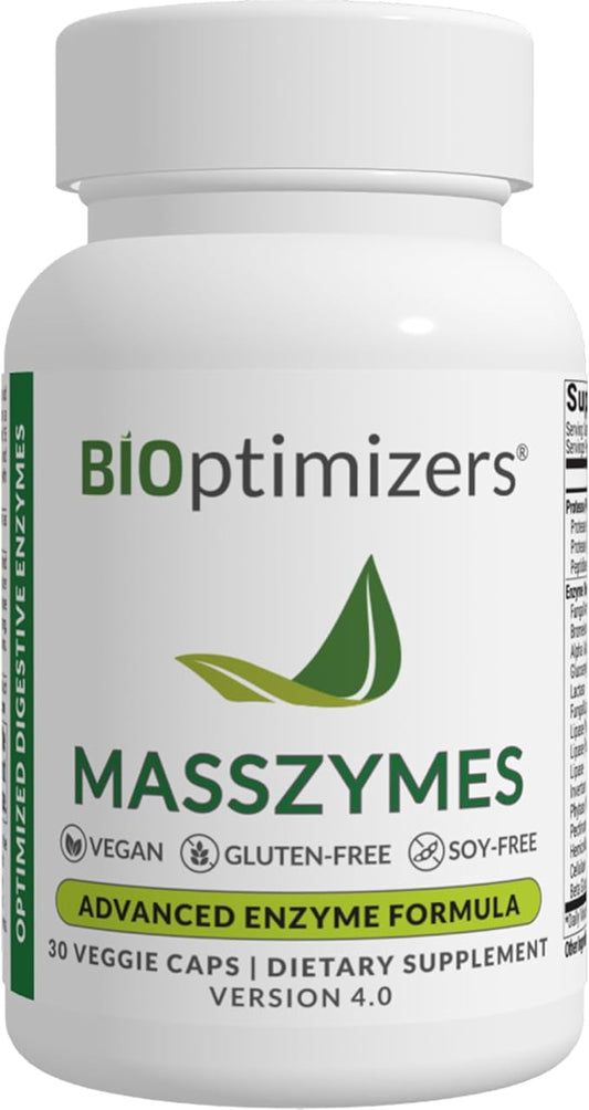 BiOptimizers - MassZymes 4.0 with AstraZyme - Digestive Enzyme Supplement for Better Absorption - Relief from Bloating, Constipation, and Gas - Contains Lipase, Amylase, and Bromelain, 30 Capsules