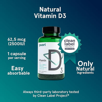 Puori Vitamin D3 with Organic Coconut Oil - 120 x 2500 IU - for Healthy Muscle Function, Bone Health, Immune Support and Calcium Uptake- Non-GMO and Gluten Free - For Children and Adults