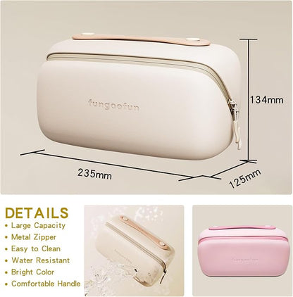 Travel Makeup Bag, Large Capacity Waterproof Cosmetic Bag for Women, Portable Pouch Open Flat Toiletry Bag Make up Organizer with Divider and Handle, Beige
