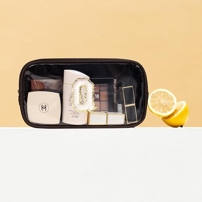LETGO Preppy Makeup Bag,Personalized Initial Makeup Bags with Zipper, Clear Makeup Bag Small Cosmetic Bags,Nylon Travel Toiletry Bag Travel Essentials,Easter Gifts for Kids(Coffee, Q)