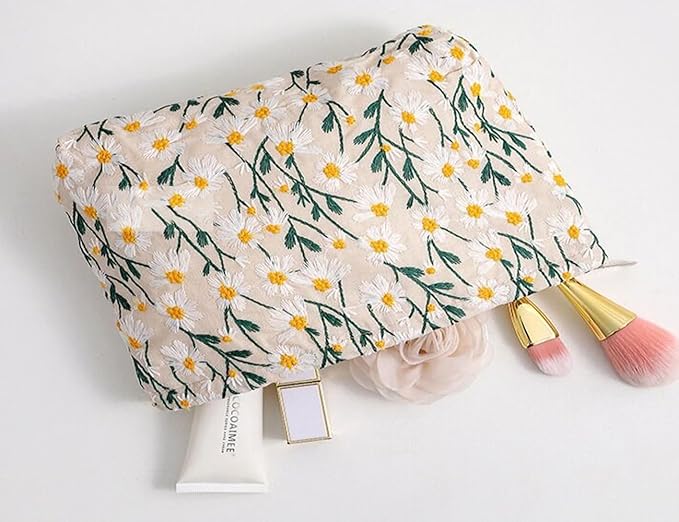 Cosmetic Bags for Women Makeup Bag Large Capacity Purse Travel Toiletry Zipper Storage Pouch Make up Brushes Organizer for Gifts (Daisy, White)