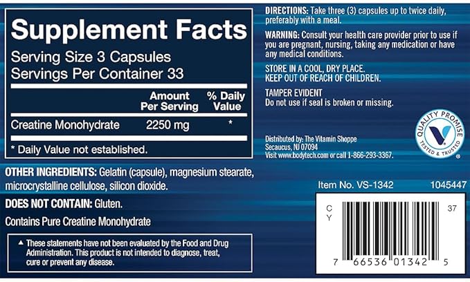 BodyTech Creatine Monohydrate (100 Capsules)