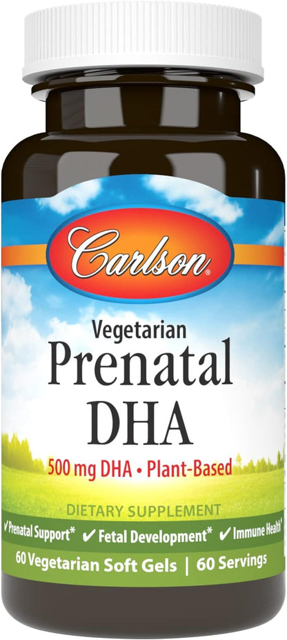 Carlson - Vegetarian Prenatal DHA, 500 mg DHA, Plant Based, Sustainably Sourced from Algae, Prenatal Support, Fetal Development, 60 Softgels