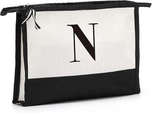 Monogrammed for Women Initial bridesmaid gifts, Personalized monogram Monogram Cosmetic Bag,Travel Makeup Bag Suitable for Wedding weekend Beach Gift for Women Teachers Friends.Pure letters N