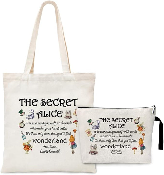 ZHANTUONE Fairy Tale Funny Canvas Cosmetic Bag and Tote Bag Set Reusable, Tote Bag with Zipper Inner Pockets, Gifts for Bestie Friends Coworker, Movie Lover Fairy Tale Fans