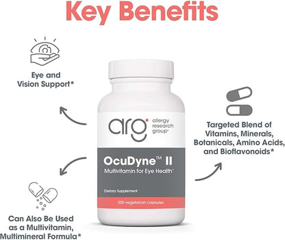 Allergy Research Group OcuDyne II Supplement - Eye Support Vitamins for Vision, Eye Health for Adults, Vision Support, Multivitamin Formula, QuatreActiv Folate, FloraGLO Lutein - 200 Count