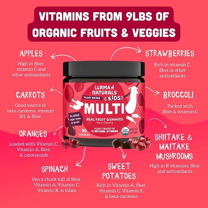 Llama Naturals Real Fruit Gummy Vitamins for Kids, No Added Sugar Cane or Sweeteners, Whole Food Multivitamin, Vegan Toddler Gummies, Plant Based, Organic, Chewable 90 ct (30-60 Days) Cherry