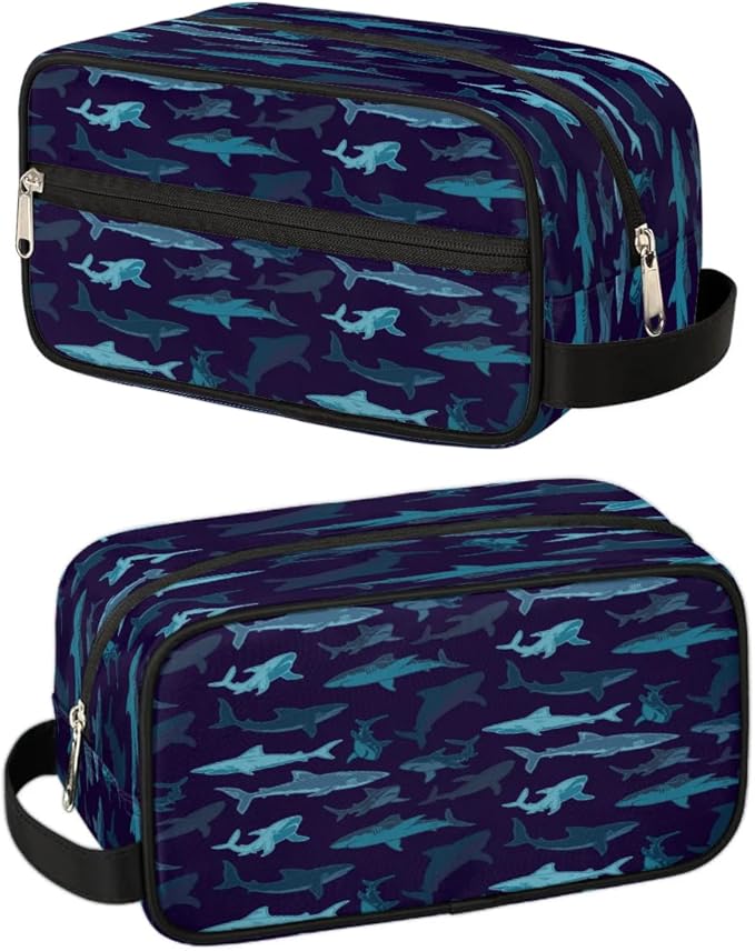 Navy Blue Shark Hanging Toiletry Bag,Travel Hygiene Kits for Boys Mens,Waterproof Makeup Carry-on Bags,Cosmetic Bag,TSA Approved Shave Dopp Kit for Toiletries Shower Bathroom Accessories Gifts