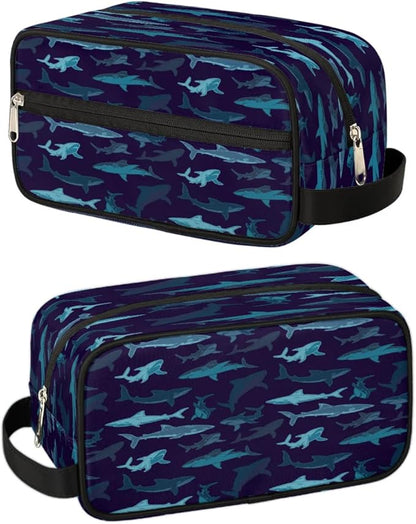 Navy Blue Shark Hanging Toiletry Bag,Travel Hygiene Kits for Boys Mens,Waterproof Makeup Carry-on Bags,Cosmetic Bag,TSA Approved Shave Dopp Kit for Toiletries Shower Bathroom Accessories Gifts